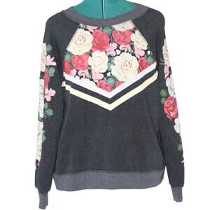 Wildfox Floral Graphic Sweatshirt Charcoal Gray Roses Pullover Women’s Small